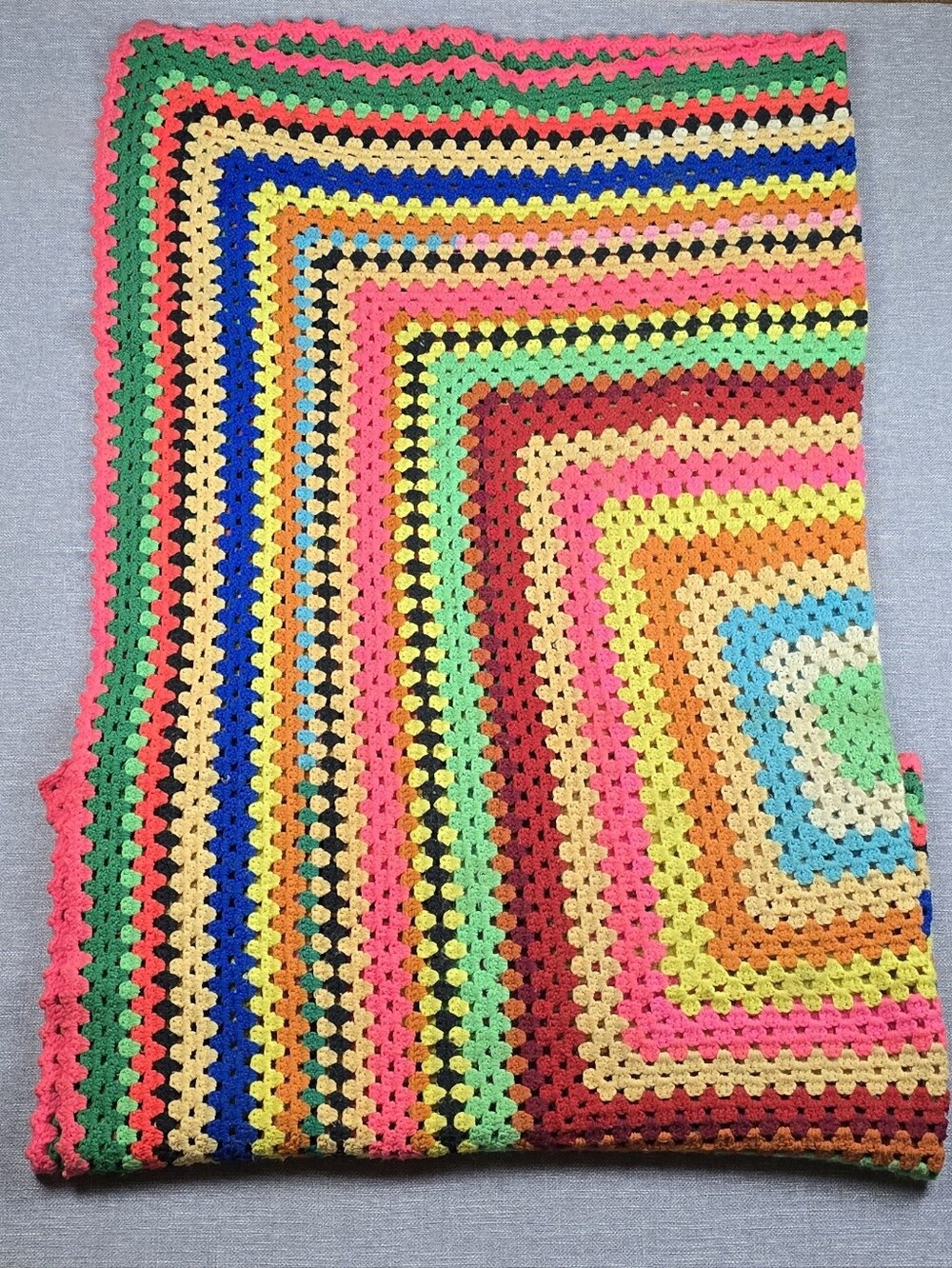 Vintage Crochet Afghan Blanket/Throw Vibrant Colors 72×68